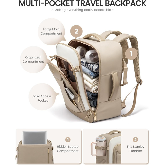LOVEVOOK Рюкзак для ручної поклажі, 40L, для жінок, валіза-рюкзак з відділенням для ноутбука, водонепроникний, для подорожей, ділових поїздок, вихідних, Khaki-beige