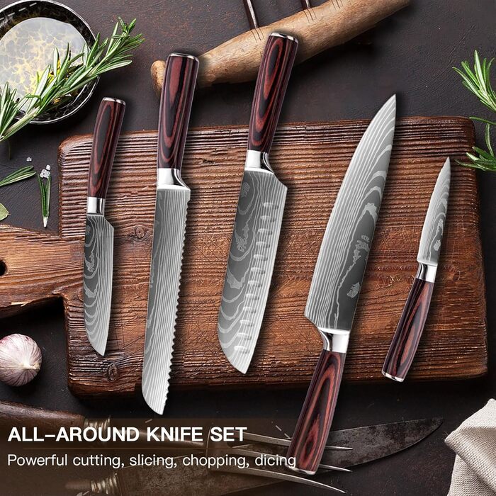 Набір кухонних ножів 5 шт. з нержавіючої сталі, преміум якість, ергономічні дерев'яні ручки, професійний кухонний набір, подарункова коробка