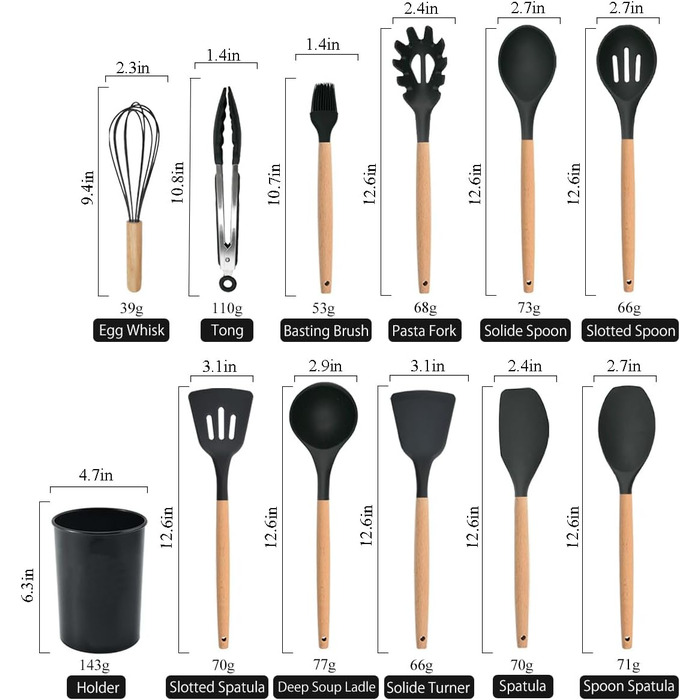 Набір кухонних аксесуарів 12 шт. з силікону з дерев'яними ручками, термостійкий антипригарний набір посуду: щипці, лопатки, ложки. Бежевий колір