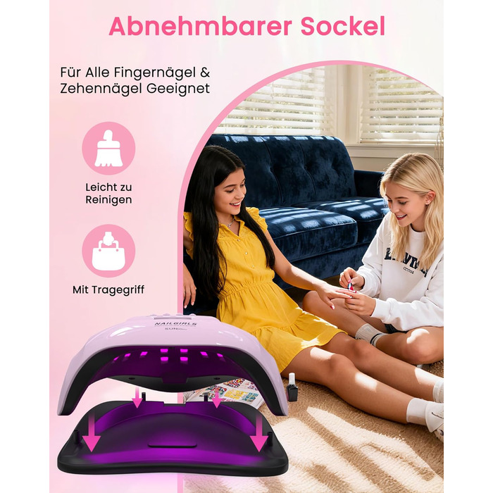 LED UV лампа для нігтів NAILGIRLS 150W з таймером, датчиком, LCD дисплеєм та знімною магнітною платформою. Підходить для гель-лаку, нігтів рук та ніг (Рожевий 268W)