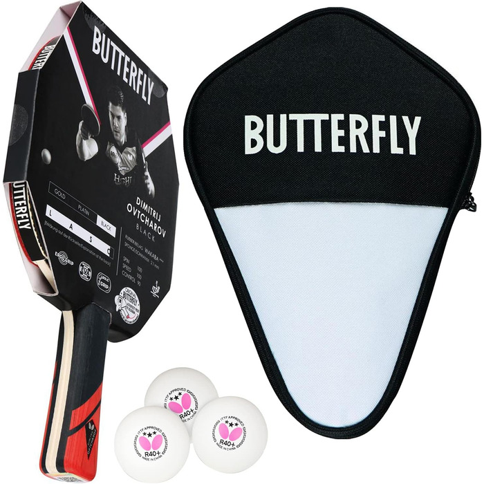 Турнічний стіл для настільного тенісу Butterfly® Dimitrij Ovtcharov Black з технологією Eva, сертифікований ITTF, покриття Wakaba 2.1 мм, губка, ракетка для настільного тенісу, професійний аксесуар для досвідчених гравців (комплект з чохлом CC1 та 3 м'яча