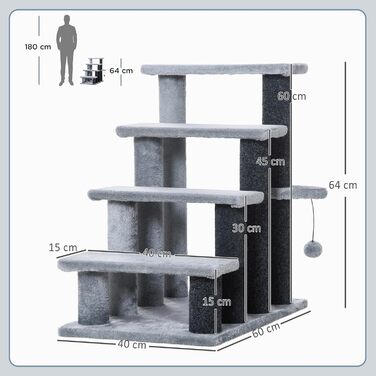 PawHut 4-Step Pet Stairs with Scratching Posts, Ball, Dog Stairs, Animal Stairs for Cats up to 5 kg, Plush Jute Grey, 60 x 40 x 64 cm