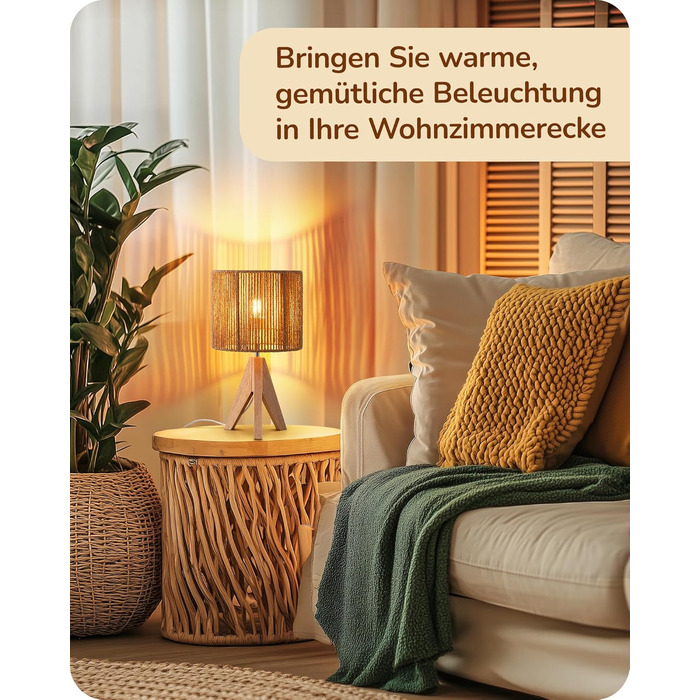 LED настільна лампа EDISHINE з абажуром з ручної роботи та дерев'яною ніжкою, 2700K, тепле біле світло, бохо стиль, для спальні, вітальні, готелю, з лампочкою E27 4W, в'язаний паперовий шнур