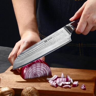 Кухонний ніж Damast Profi - ніж Santoku з дамаської сталі (67 шарів), ручка Pakkawood, подарункова коробка - професійний ніж для кухні 7 дюймів