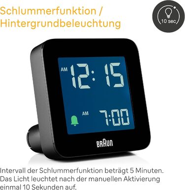 Braun Digital Alarm Clock with Snooze Function, Negative LCD Display, Quick-Set Function, Crescendo Alarm in Black, Model BC09B.