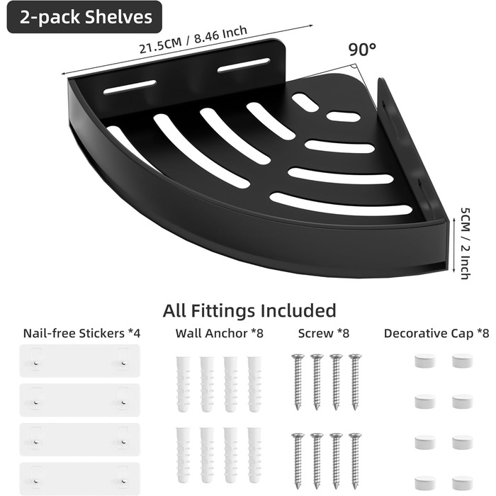 Поличка для душу без свердління, кутова, з нержавіючої сталі, з алюмінію, чорна - 2 шт.