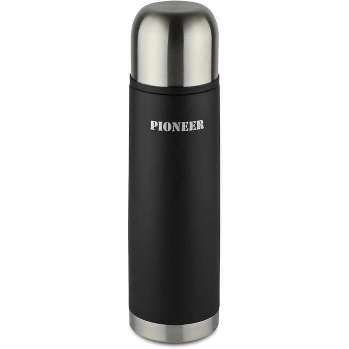 Pioneer Stainless Steel Insulated Flask with Button Lid & Drinking Cup - 1.0L Double-Walled Vacuum Insulation - Keeps Hot for 8 Hours, Cold for 24 Hours - Leakproof, BPA-Free - Black, 1000ml