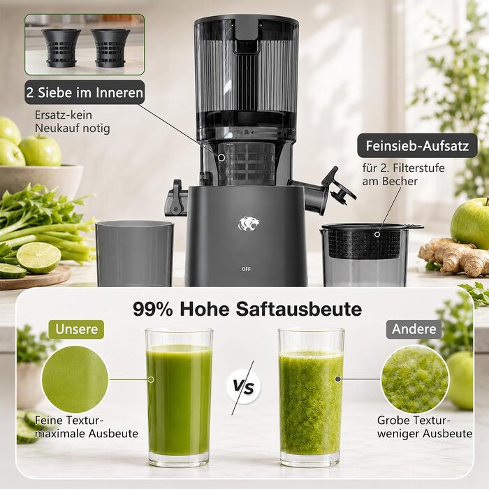 Шнекова соковижималка Slow Juicer для овочів та фруктів з широким завантажувальним отвором 120 мм, холодний віджим, функція самонарізання, 2 сіта, BPA-free
