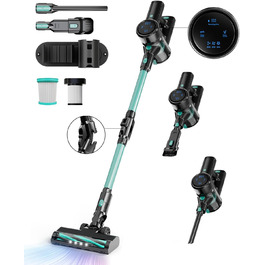 Бездротовий акумуляторний пилосос 28KPa з LED-дисплеєм, антизаплутана щітка, змінний акумулятор, вертикальний пилосос для твердих поверхонь, килимів та шерсті тварин (зелений)