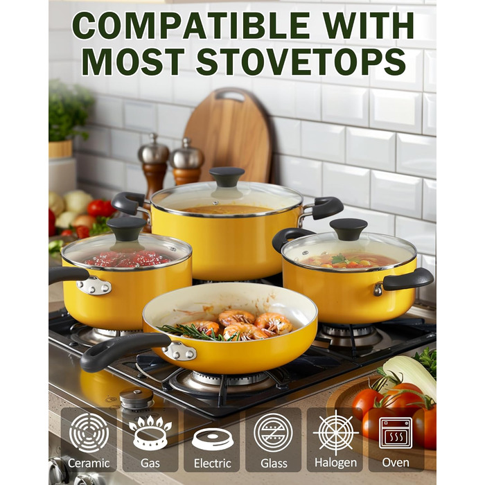 Набір каструль та сковорідок Cook N Home Antihaft, 10 шт. з керамічним покриттям, жовтий