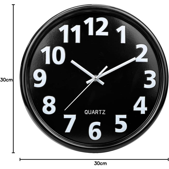 Plumeet 40.6cm Extra Large Wall Clock, Non-Ticking Silent Quartz Decorative Clocks, Modern Style Good for Living Room, Kitchen, Living Room, Bedroom, Office, Large 3D Number Display (White) (30 cm, Black)