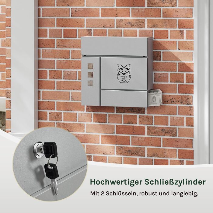 Поштовий ящик WOLTU XXL з газетницею, оглядовим вікном, замком (2 ключі), захистом від реклами, антрацит (сірий+чорний) 10,5x37x37 см