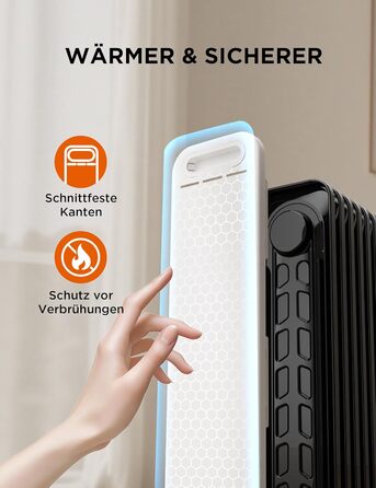Електричний масляний радіатор Midea 2000W з 11 ребрами, 3 режими нагріву, термостат, захист від перекидання та перегріву, тихий, для дому та офісу