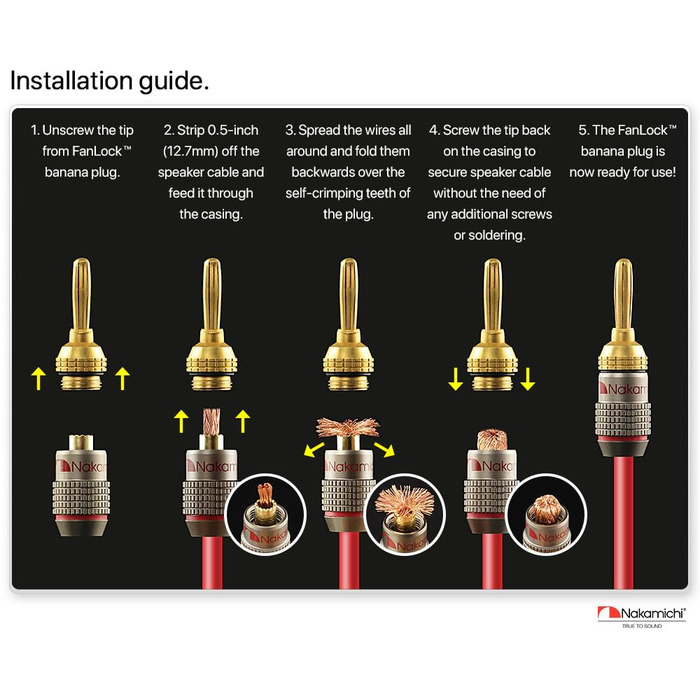 З'єднувачі банани Nakamichi FanLock Excel-Serie 24K, 10-18 AWG, 4 мм, для аудіокабелів, 4 шт. (2 пари)