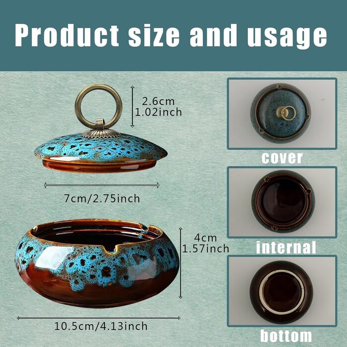 Керамічна попільничка з кришкою, попільничка для сигарет для дому та офісу (Блакитна)