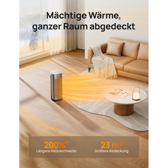 Електричний обігрівач DREO Solaris Slim H2: тихий, 2000W, керамічний, з термостатом та таймером, 70° осциляція, захист від перегріву та перекидання, срібний