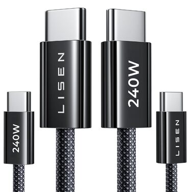 Кабель USB-C 2 шт. LISEN 240W 2м (1м+1м) для Samsung Galaxy S24 Ultra, MacBook Pro/Air, iPhone 17/16/15 Pro, iPad Pro/Air, чорний