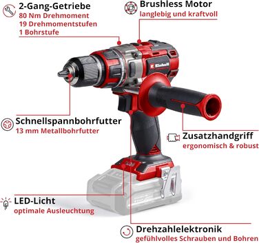 Einhell Professional TP-CD 18/80 Li BL-Solo: акумуляторний дриль-шуруповерт (18 В, Brushless, 80 Нм, 13 мм патрон, 2 швидкості, 19 ступенів регулювання моменту, бур)