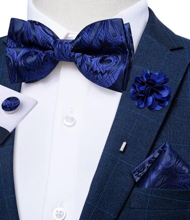 Метелик чоловічий DiBanGu Seide Paisley синій (королівський) з нагрудною хустинкою, шпилькою, запонками, готовий до весілля, вечірки, випускного