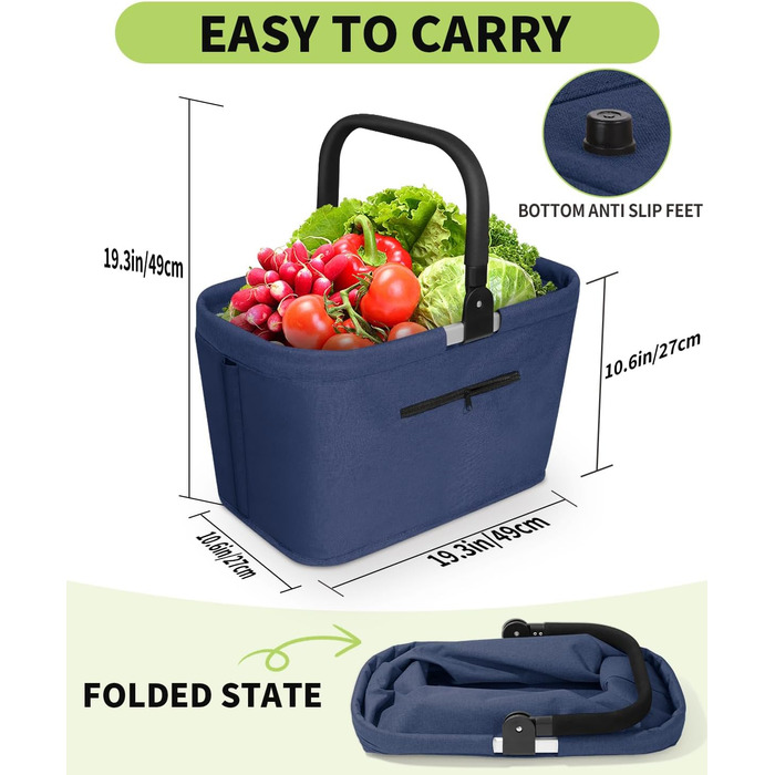 Складаний кошик для покупок 35L з 2 стійками, сімейний, з алюмінієвою ручкою, водовідштовхуючий, для пікніків, подорожей, кемпінгу, подарунок (Синій, 35L (48x28x26cm))
