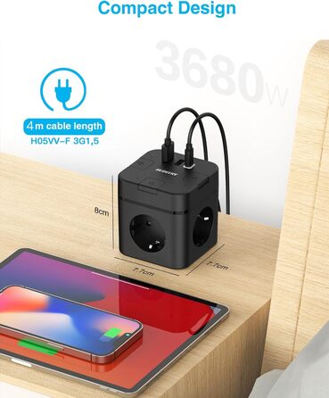 Багатофункціональний USB-розподільник 6 в 1 з USB-C, 3 розетки, індивідуальне вмикання, куб, кабель, для офісу, дому, подорожей (4M, чорний)