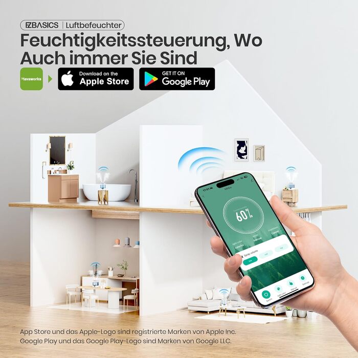 Зволожувач повітря EZBASICS Smart з верхнім заповненням 6L, 360° поворотна насадка, зволожувач та аромадифузор для дитячої кімнати, рослин, з програмою та голосовим керуванням, 1 упаковка + 7 нічників