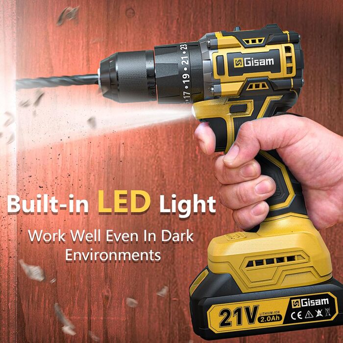 Акумуляторний шуруповерт 21V з набором 2 акумулятори 2.0Ah, 55Nm, 23+3 ступені, 10мм патрон, 2 швидкості, LED-ліхтик, 24шт аксесуарів та кейс для дому та саду