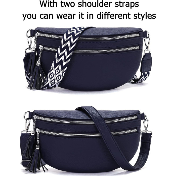 Сумка поясна жіноча бежева через плече кросбоді середнього розміру з відділенням для карток та 2 ремінцями, жіноча сумка (Темно-синя)