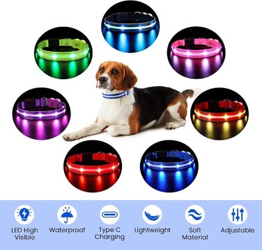 Світлодіодна нашийник для собак ASBRILL з підзарядкою, 7 кольорів RGB, 8 світлодіодів, регульований, вологостійкий, для малих, середніх та великих собак (S, Blue)