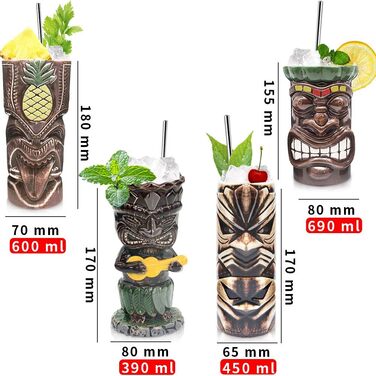 Tiki Toss Set, Hawaiian Party Ceramic Cups, for Cocktails, High-Quality Cup Set with 4 Cups for Exotic Parties - TJB02