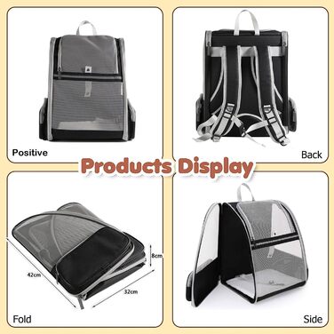 Рюкзак для кота/маленької собаки, чорний. Транспортна переноска для тварин до 8 кг, з вікном та безпечною пов'язкою. Ідеально для прогулянок та подорожей.