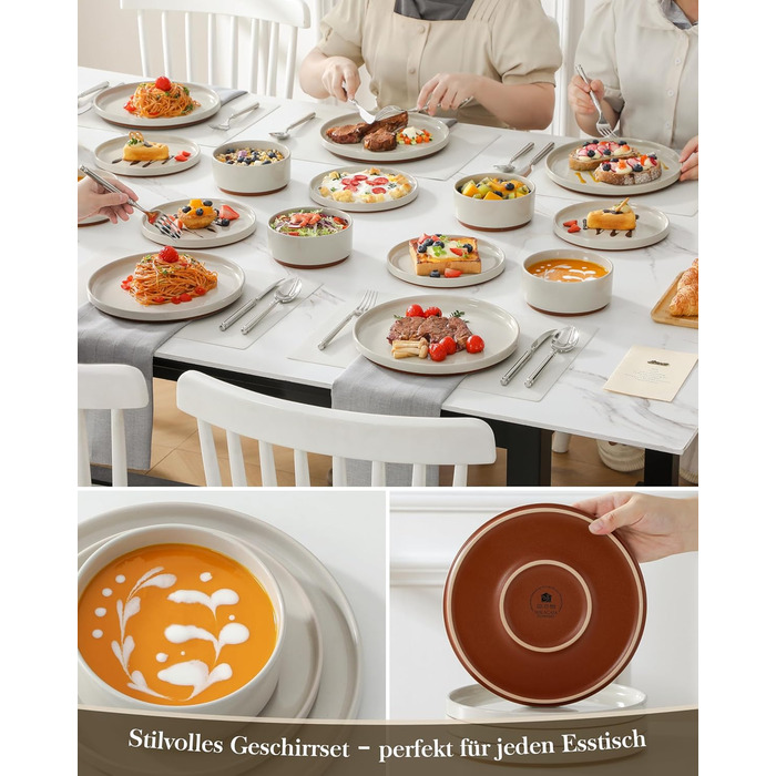 MALACASA Набір посуду з каменю 18 предметів для 6 осіб, керамічний сервіз з глазур'ю Сезам, набір тарілок та мисок, білий з коричневою основою, білий