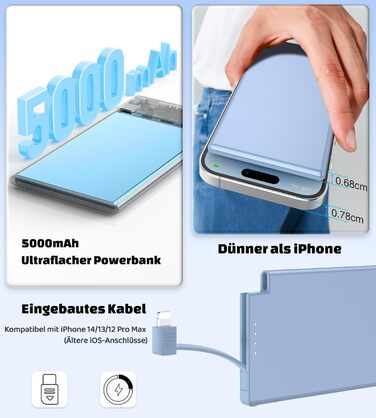 Power Bank Auskang 5000mAh Slim з кабелем для iPhone (до iPhone 14) - блакитний
