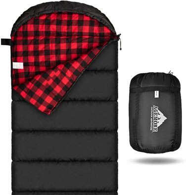 Cotton Flannel Sleeping Bag for Adults - 100% Cotton Liner Sleeping Bag for Camping, Hiking, Backpacking - Lightweight & Portable - 3-4 Season Warm Weather - Black/Red