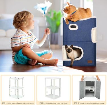 YITAHOME Cat House Indoor, Cat Bed for Indoor Cats, Cat Tunnel, Cat Cave, Small Scratching Post, Cat Furniture, Cat Bed Cave, cat caves, Cat Beds (Blue, Without Platform)