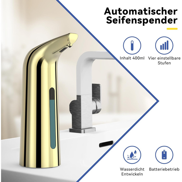 Автоматичний безконтактний диспенсер для мила з 4 рівнями регулювання, 400 мл, електричний, на батарейках, для встановлення на стільницю, з інфрачервоним сенсором (Бронзовий) (400мл Золотий)