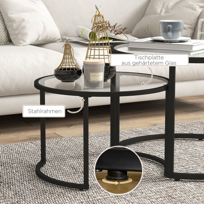 HOMCOM Set of 2 Side Tables with Black Steel Frame and Tempered Glass Tabletop, Partially Stackable for Living Room & Lounge