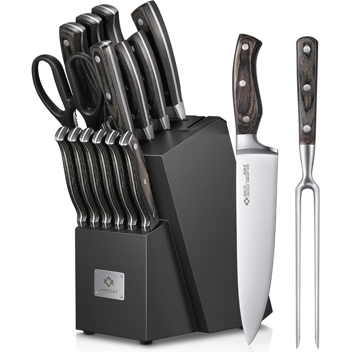 AMEGAT Self-Sharpening Knife Block Set with Carving Fork - Premium Stainless Steel Knife Set with Wooden Block - Vollerl & 3-Rivets Design