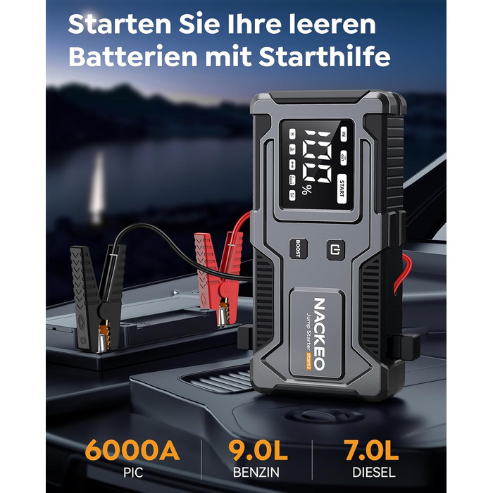 Powerbank Starthilfe 6000A: Зарядний пристрій для автомобіля 12V з кабелем, LED-лампа та дисплеєм (до 9L бензин, 7L дизель) - для SUV, мотоциклів, газонокосарок