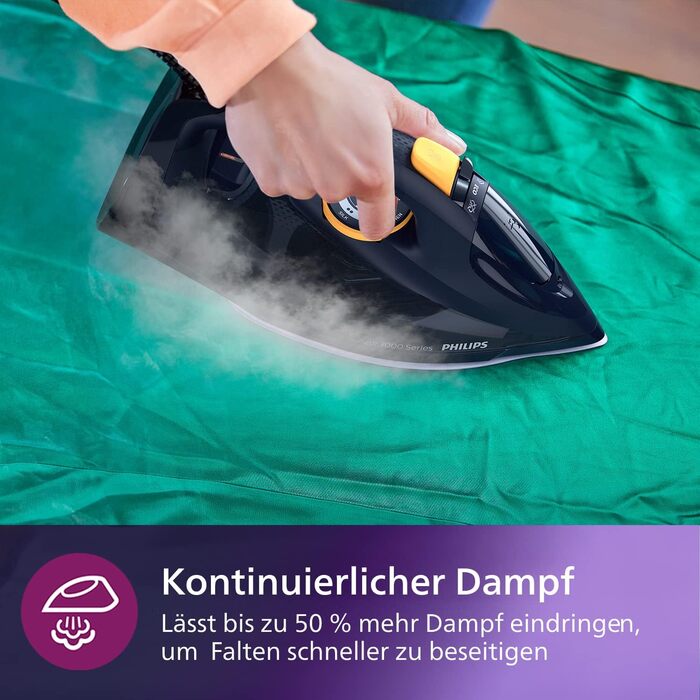 Philips Azur 7000 Series Steam Iron - 3000W, 55 g/min Continuous Steam, 250 g Steam Boost, Vertical Steam, SteamGlide Elite Soleplate, Dark Blue/Yellow (DST7060/20) 250 g Steam Boost 55 g continuous steam Dark Blue