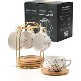 Набір керамічних чашок капучино HOME DECOR 4 шт., 220 мл, з металевим підставкою. Підходить для капучино, лате, американо та чаю. Чорний та білий дизайн.
