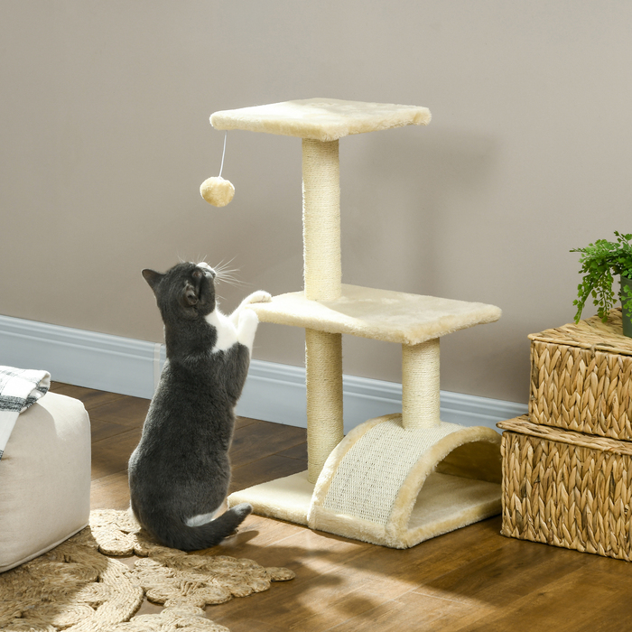 PawHut Дряпка для котів 72 см, котячий комплекс з плюшевими кульками, сизалевими стовпами, платформою, дряпалкою, багатоярусна котяча дряпка, кігтеточка, для середніх котів, кремово-білий | Aosom