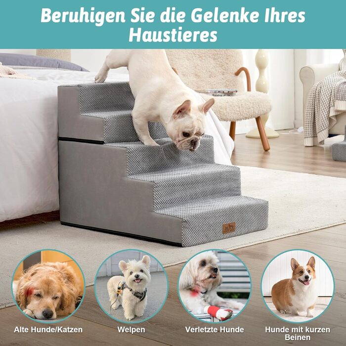 Сходи для собак, 5 сходинок, з щільного пінополіуретану, для ліжка, дивану, софи, 60 см, знімна, для котів та літніх/травмованих собак (сірий, 50x75x60, 5)