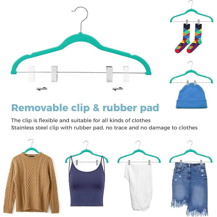 Преміум велюрові плечики VECELO з металевими кліпсами, антиковзкі та компактні, з 1 чарівним плечиком та 2 тримачами для краваток, ідеальні для жінок та чоловіків, 20 шт. (20-PACK, блакитно-зелений/Відтінок раю)