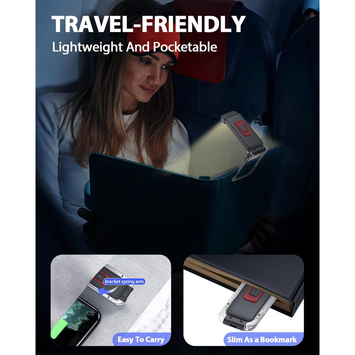 Ліхтарик для читання SFV з кліпсою, USB акумуляторний, 3 кольори світла (білий/бурштиновий/змішаний), 5 рівнів яскравості, для книг та дітей, чорний