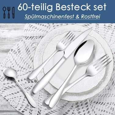 Herogo Cutlery Set, 60-Piece Stainless Steel Cutlery Set for 12 People, Silver Flatware with Fork, Spoon, and Knife Set, Modern Tableware, Dishwasher-Safe & Rust-Proof
