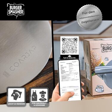 Пресс для смаш-бургерів COARJAP з нержавіючої сталі 304 - Burger Smasher з одного шматка, 60 папірців для бургерів, QR-код, безпечний для харчових продуктів, придатний для миття в посудомийній машині - для дому та професійної кухні