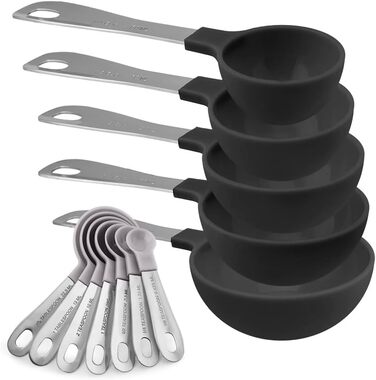 Measuring Cup Set and Measuring Spoon Set, Stainless Steel Handles, Nesting Kitchen Measuring Set, Liquid Measuring Cup Set, 12-Piece, Stainless Steel, Black and White Collection