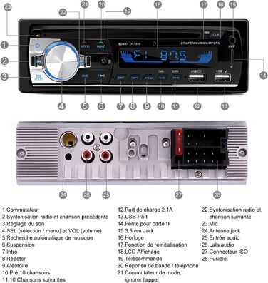 Автомобільна магнітола 1 DIN з Bluetooth та гучним зв'язком, 21.4 x 15 x 8.4 см
