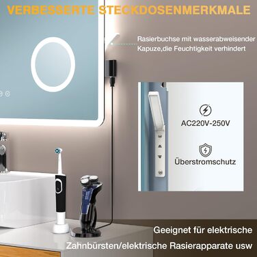 Дзеркало для ванної кімнати з підсвічуванням 80x60 см, 3 кольори, регулювання яскравості, протитуманне покриття, 3x збільшення, розетка для гоління, IP44, для горизонтального/вертикального монтажу
